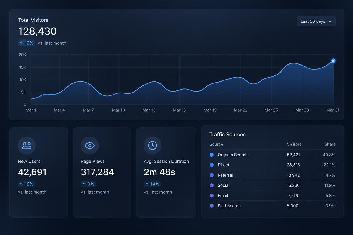 Painel de analytics com gráfico de visitantes, indicadores e origem de tráfego